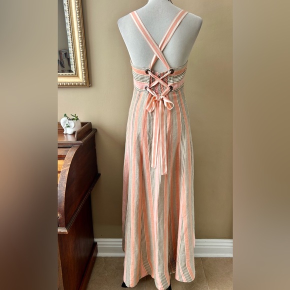 Anthropologie Maeve Square-Neck Tie-Back Maxi Dress Pink Stripe Linen Size 6 - Picture 6 of 16